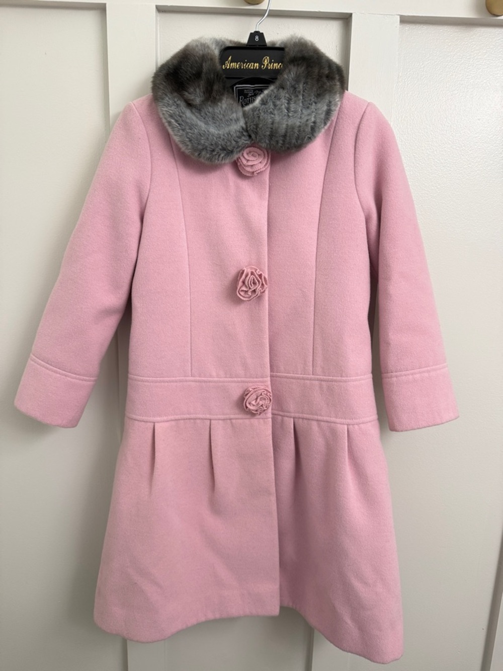 Rothschild Pink Coat with Gray Faux Fur Collar